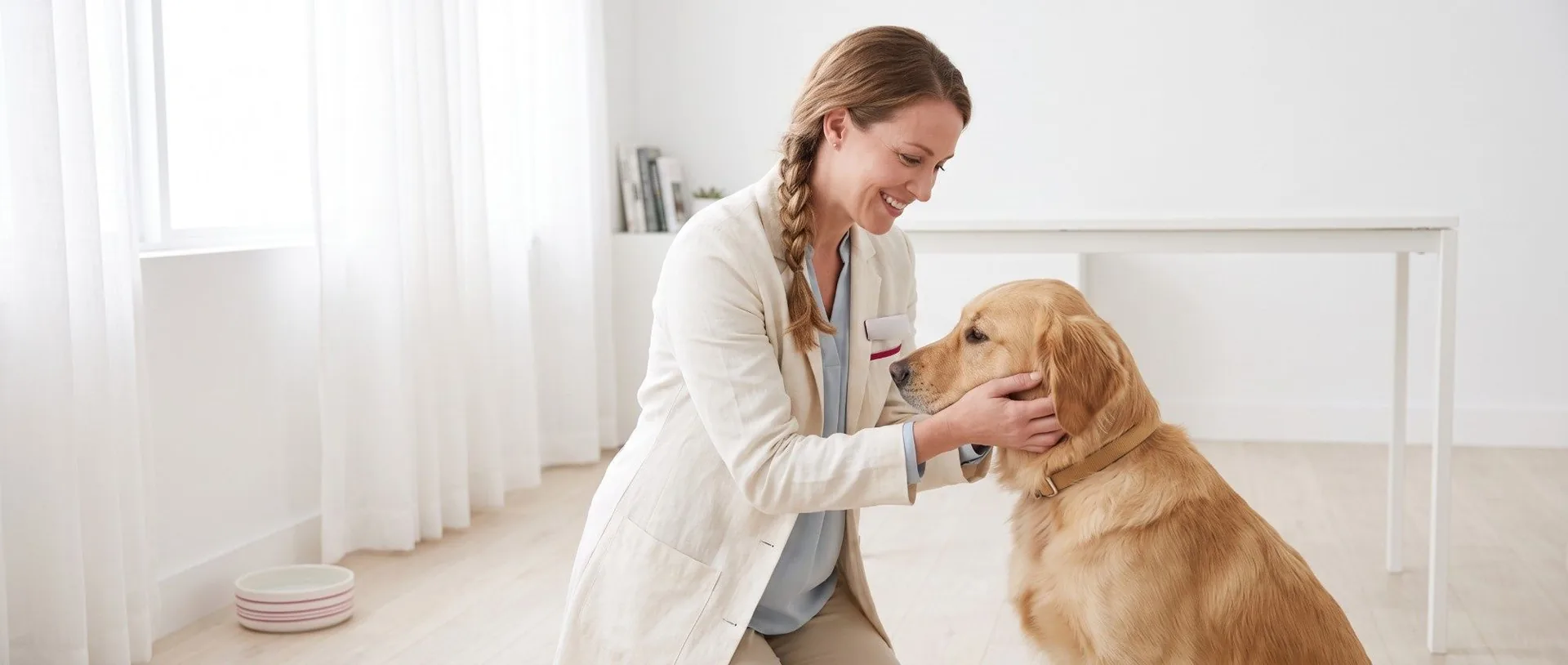 Tierärztin mit Golden Retriever im Behandlungsraum (KI-generiertes Bild)